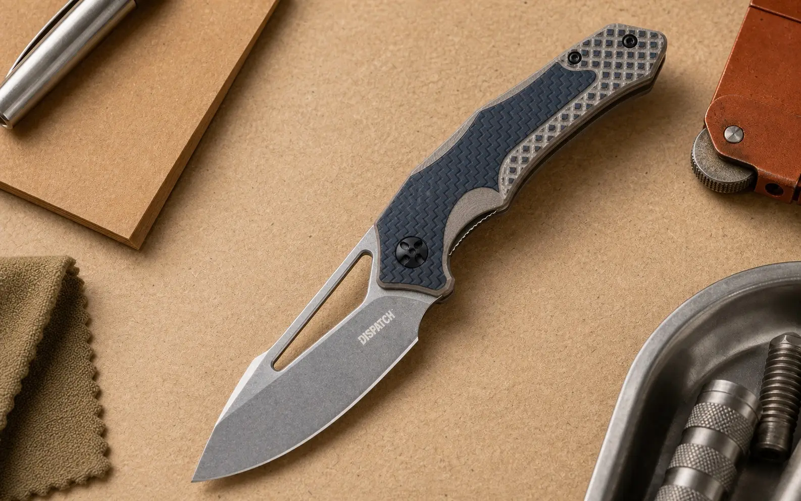 DISPATCH DP8031-SD 3.54 inch 8Cr13MoV stonewashed folding pocket knife with G10 handle on a workbench