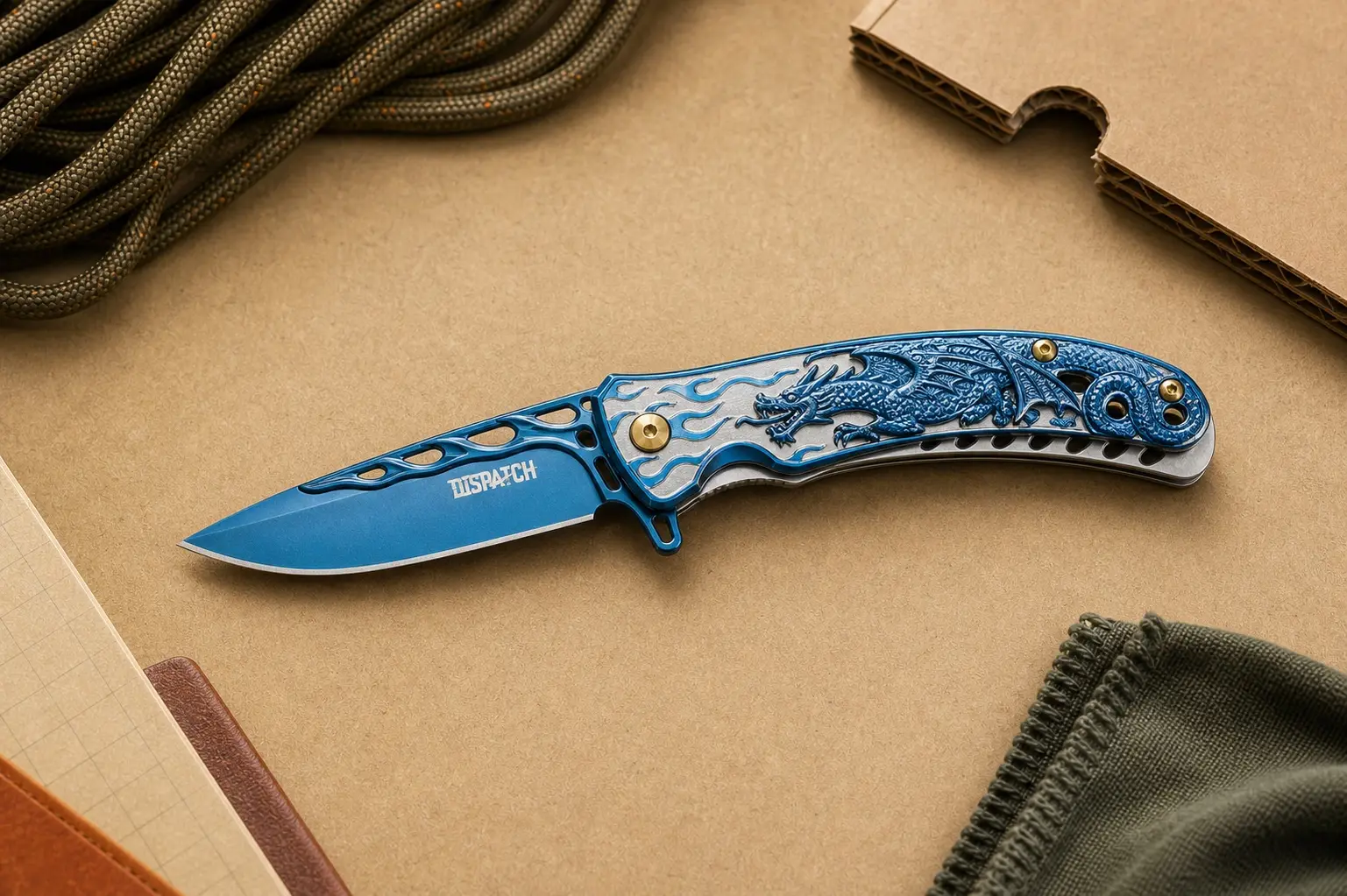 DISPATCH dragon pattern folding pocket knife with decorative blue handle on a workbench