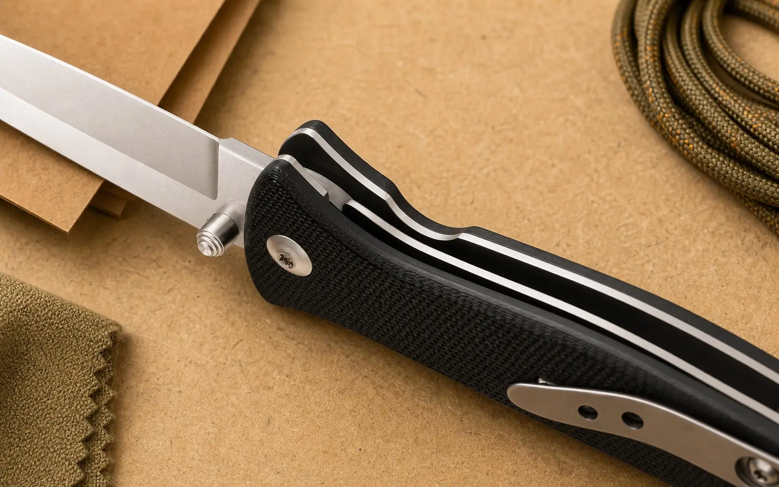 DISPATCH 3 inch 8Cr13MoV drop point liner lock pocket knife with G10 handle on a workbench