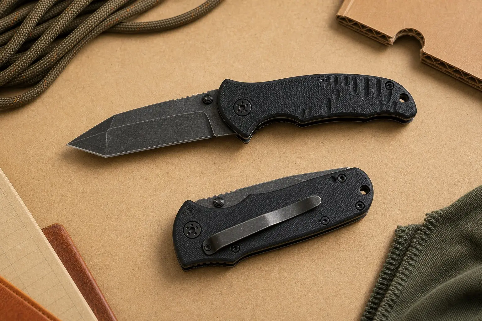 DISPATCH 3.54 inch 8Cr13MoV tanto point folding knife with G10 handle on a workbench